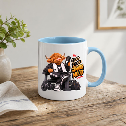Gym Mug "Good Food Strong Mood Highland Cow" Good Food Strong Mood 325ml Ceramic Coffee Mug – Muscular Highland Cow on Bench with Shaker & Barbells Gym Fitness Gift | Available in Multicolours | Fast Dispatch by UK Seller (M3275)
