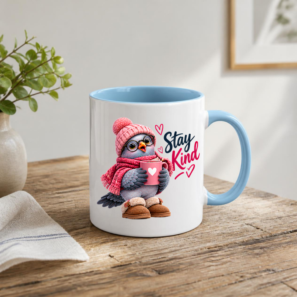 Inspirational Mug "Stay Kind Cozy Bird" Stay Kind 325ml Ceramic Coffee Mug – Cute Cozy Pink Bird in Beanie, Glasses, Scarf & Boots with Hot Cocoa Heartwarming Gift For Friends Family | Available in Multicolours | Fast Dispatch by UK Seller (M3244)