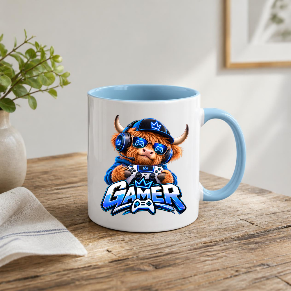 Gaming Mug "Gamer" Highland Cow Gamer 325ml Ceramic Coffee Mug – Cute Highland Cow Gamer in Blue Hoodie & Headset with Controller Art | Video Game Gift | Fast Dispatch by UK Seller (M3347)