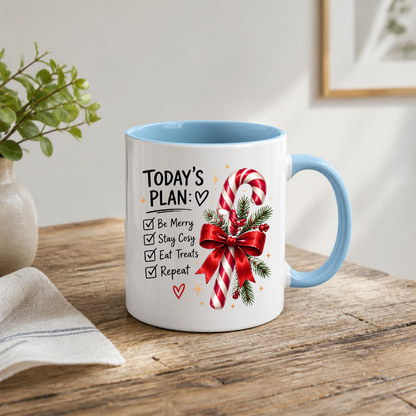 Christmas Candy Cane Checklist Mug "Today's Plan Be Merry Stay Cosy" Today's Plan Be Merry Stay Cosy 325ml Ceramic Coffee Mug – Festive Candy Cane with Red Ribbon & Check-list Artwork | Holiday Gift | Fast Dispatch by UK Seller (M3399)