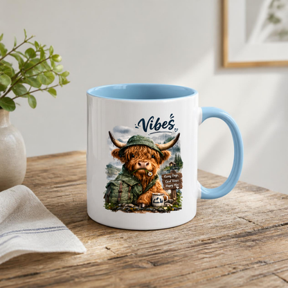 Cozy Mug "Vibes - Rainy Days, Good Views, Happy Moo" Hiking Highland Cow 325ml Ceramic Coffee Mug Whimsical Outdoor Tea Cup with Rain Hat and Mountain Scene Graphic Gift | Available in Multicolours | Fast Dispatch by UK Seller (M3156)