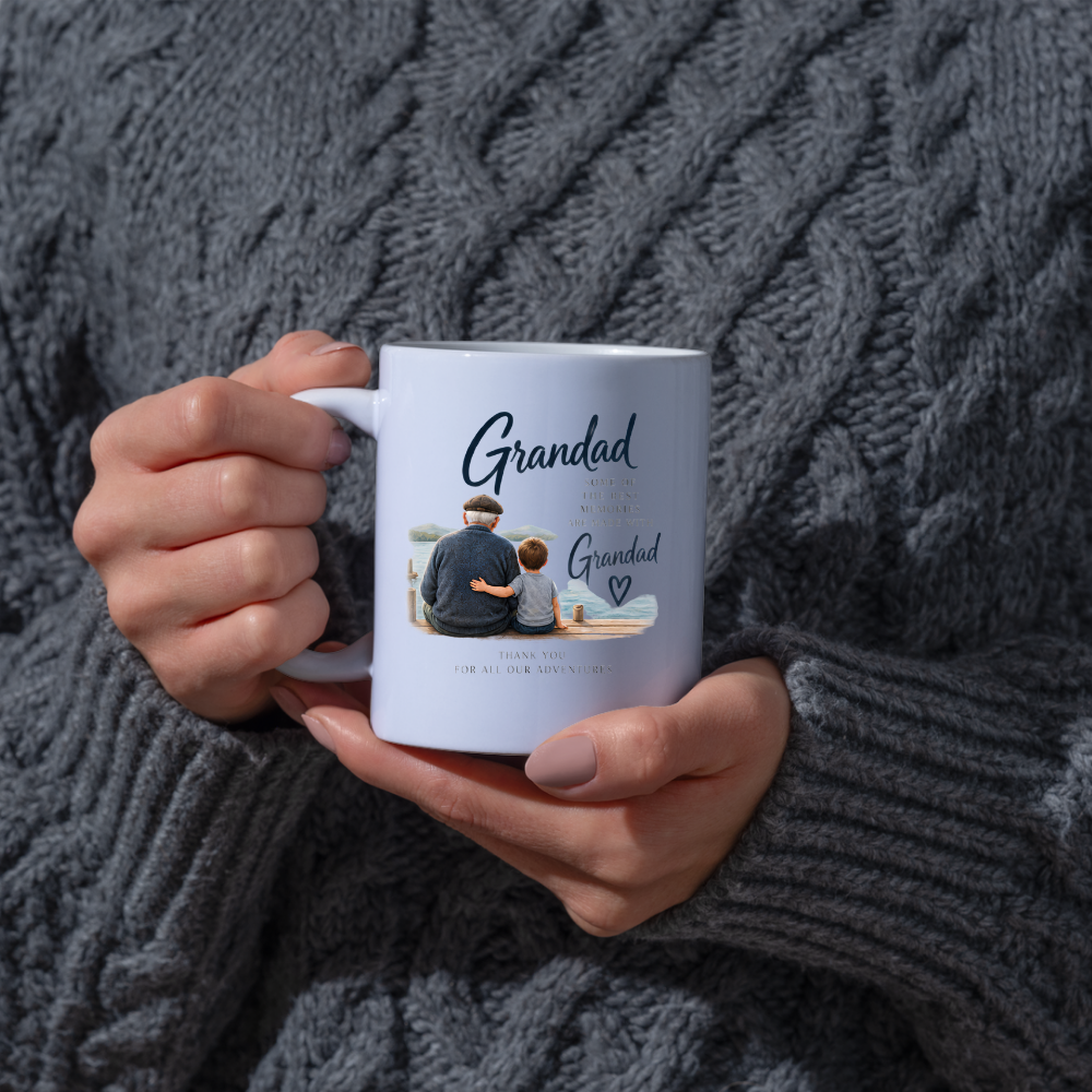 Family Mug "Grandad SOME OF THE BEST MEMORIES ARE MADE WITH" Sentimental Grandpa 325ml Ceramic Coffee Mug – Heartwarming Grandad Tea Cup with Grandfather & Grandchild Lake Scene Graphic Gift | Available in Multicolours | Fast Dispatch by UK Seller (M3016)