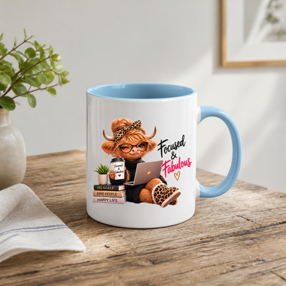 Motivation Mug "Focused & Fabulous Highland Cow" Focused and Fabulous Highland Cow 325ml Ceramic Coffee Mug – Chic Office Desk Tea Cup with Laptop Leopard Slippers Coffee Graphic Gift | Available in Multicolours | Fast Dispatch by UK Seller (M3198)