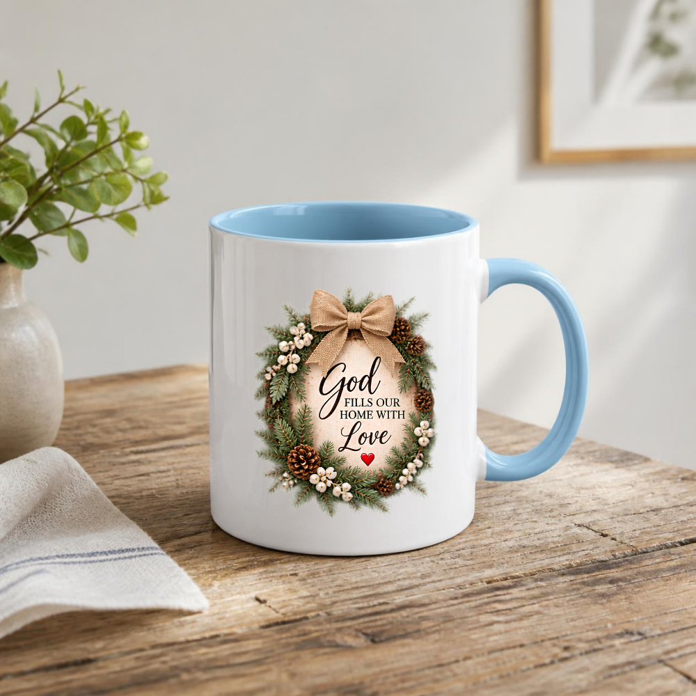 Christmas Mug "God Fills Our Home With Love Rustic Wreath" 325ml Ceramic Coffee Mug – Christian Holiday Wreath Mug With Burlap Bow Pinecones White Berries Rustic Festive Gift | Available in Multicolours | Fast Dispatch by UK Seller (M3301)