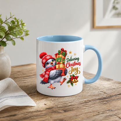 Christmas Mug "Delivering Christmas Joy Cute Bird" 325ml Ceramic Coffee Mug – Adorable Christmas Bird in Red Snowflake Beanie Scarf Carrying Stack Of Festive Gift Boxes Holiday Gift | Available in Multicolours | Fast Dispatch by UK Seller (M3269)