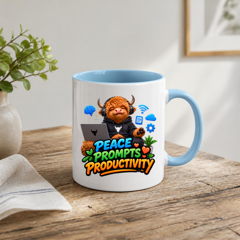 Tech Mug "Peace Prompts Productivity Highland Cow" 325ml Ceramic Coffee Mug – Cute Highland Cow in Hoodie with Laptop Headphones AI Tech Icons Gift For Developers Prompt Engineers | Available in Multicolours | Fast Dispatch by UK Seller (M3232)