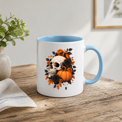 Halloween Mug "Floral Skull & Orange Pumpkin" Floral Skull and Orange Pumpkin 325ml Ceramic Coffee Mug – Gothic Halloween Autumn Tea Cup With Detailed Human Skull Roses Spider Graphic Gift | Available in Multicolours | Fast Dispatch by UK Seller (M3226)