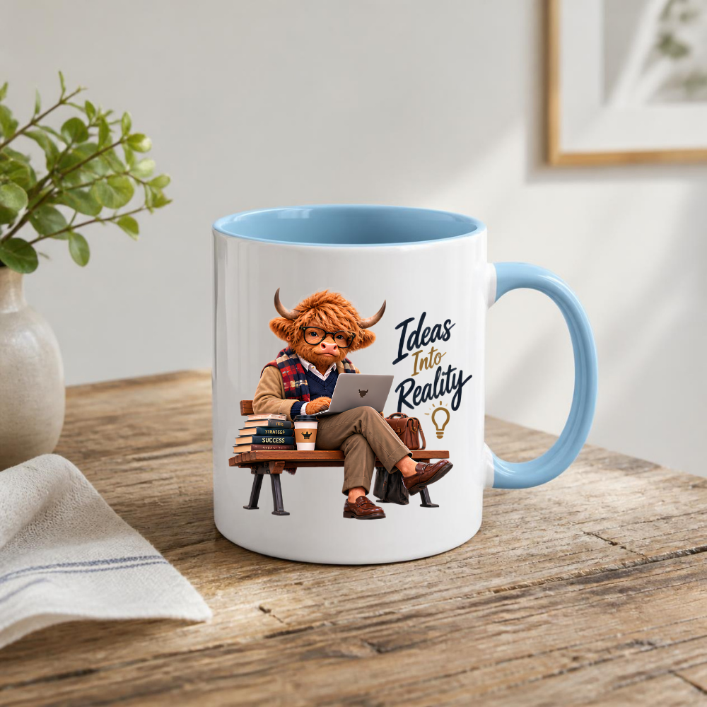 Academic Mug "Ideas Into Reality Scholarly Highland Cow" Ideas Into Reality 325ml Ceramic Coffee Mug – Scholarly Highland Cow on Bench with Laptop Strategy Books Coffee Entrepreneur Gift | Available in Multicolours | Fast Dispatch by UK Seller (M3287)