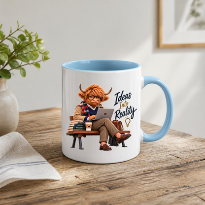 Academic Mug "Ideas Into Reality Scholarly Highland Cow" Ideas Into Reality 325ml Ceramic Coffee Mug – Scholarly Highland Cow on Bench with Laptop Strategy Books Coffee Entrepreneur Gift | Available in Multicolours | Fast Dispatch by UK Seller (M3287)