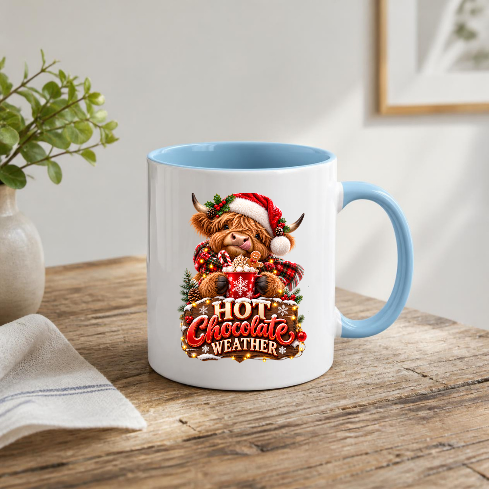 Christmas Mug "Hot Chocolate Weather" Hot Chocolate Weather 325ml Ceramic Coffee Mug – Cute Highland Cow Santa Mug with Gingerbread & Marshmallows | Festive Holiday Christmas Gift | Fast Dispatch by UK Seller (M3335)