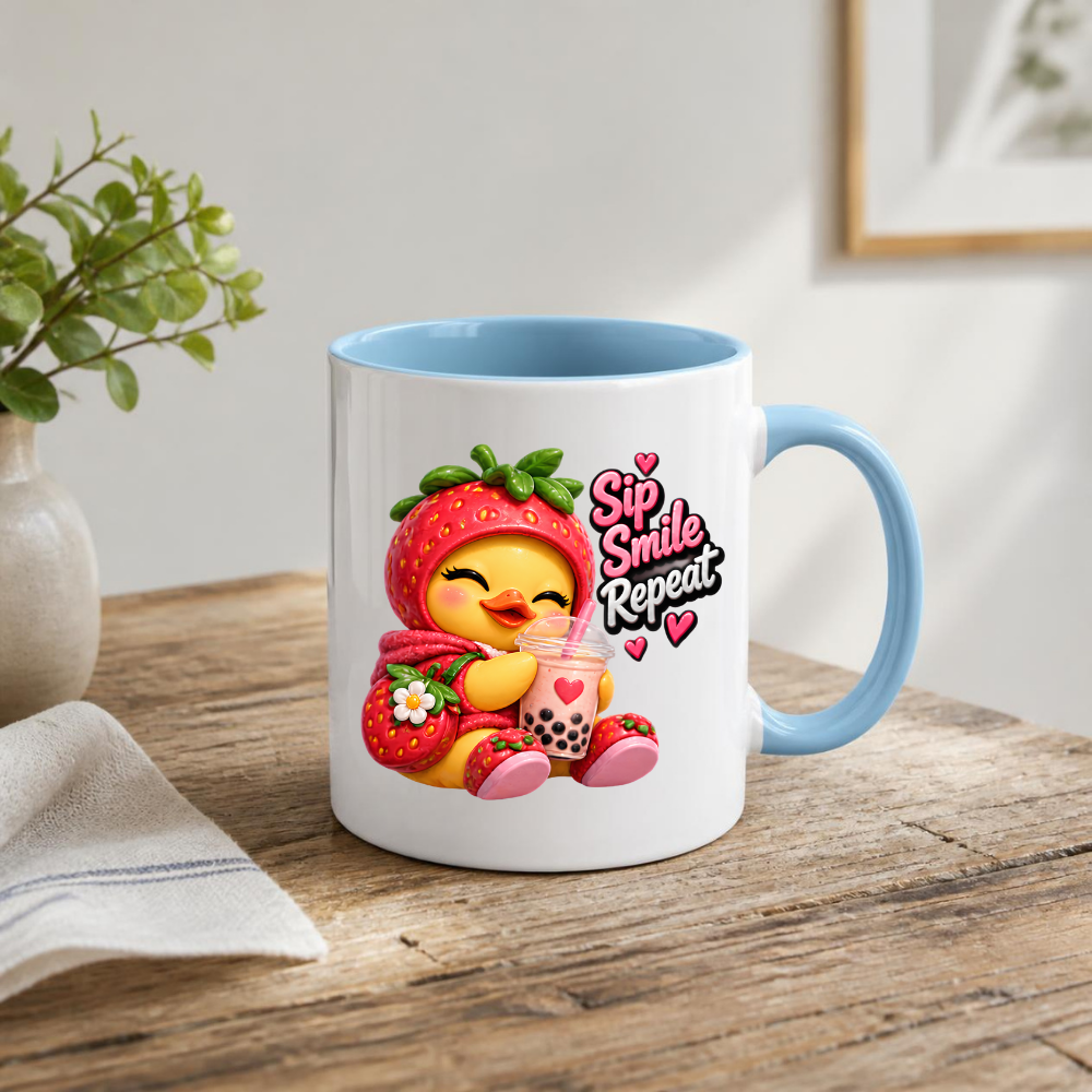 Boba Mug "Sip Smile Repeat Strawberry Duck" 325ml Ceramic Coffee Mug – Cute Winking Yellow Duck in Strawberry Hood Hoodie Shoes Holding Strawberry Boba Tea Sweet Gift For Boba Tea Lovers | Available in Multicolours | Fast Dispatch by UK Seller (M3256)