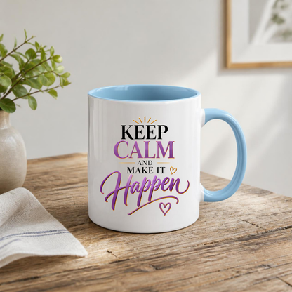 Motivational Mug "Keep Calm And Make It Happen" 325ml Ceramic Coffee Tea Cup – Purple & Gold Typography, Sunburst & Heart Slogan Novelty Gift for Friends, Colleagues, Birthday – Fast Dispatch by UK Seller (M3494)