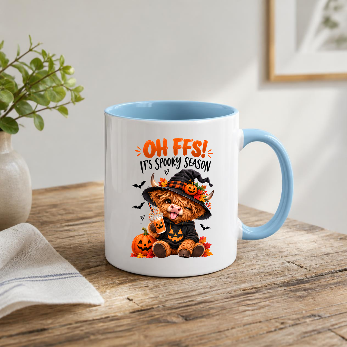 Spooky Season Mug "Oh FFS! It's Spooky Season" Highland Cow Oh Ffs! It's Spooky Season 325ml Ceramic Coffee Mug – Cute Highland Cow in Witch Hat with Pumpkin, Bats & Coffee | Halloween Gift | Fast Dispatch by UK Seller (M3363)