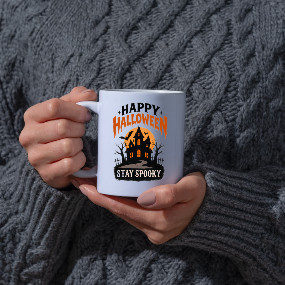 Halloween Mug "HAPPY HALLOWEEN Stay Spooky" Haunted House 325ml Ceramic Coffee Mug – Atmospheric Autumn Tea Cup with Full Moon & Bats Graphic Gift | Available in Multicolours | Fast Dispatch by UK Seller (M3072)