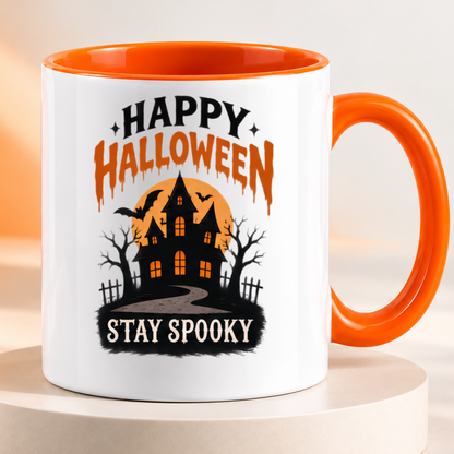 Halloween Mug "Happy Halloween Stay Spooky Haunted House" Happy Halloween Stay Spooky Haunted House 325ml Ceramic Coffee Mug– Funny Halloween Autumn Tea Cup With Haunted Castle Full Moon Bats Typography Graphic Gift | Fast Dispatch by UK Seller (M3209)