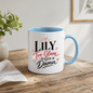Personalized Name Mug "Lily Too Glam To Give A Damn" Lily Too Glam To Give A Damn 325ml Ceramic Coffee Mug – Custom Name Typography Slogan with Pink Brushstroke Banner & Floating Hearts | Funny Gift | Fast Dispatch by UK Seller (M3452)