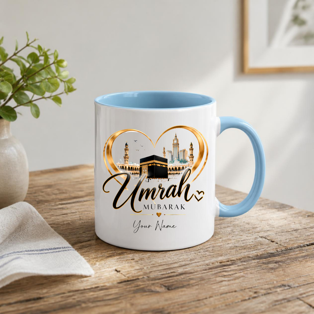 Personalised Umrah Mubarak Mug 325ml Ceramic Coffee Tea Cup – Custom Name, Holy Kaaba, Golden Heart Frame & Makkah Skyline Religious Pilgrimage Gift for Family, Friends, Hajj Celebration – Fast Dispatch by UK Seller (M3488)