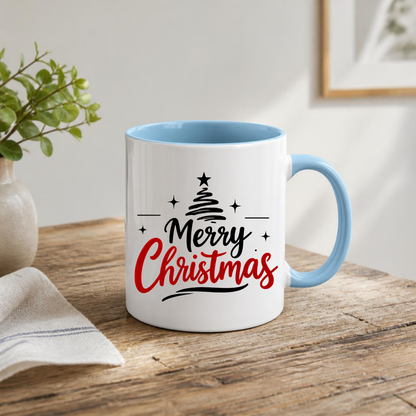 Minimalist Christmas Tree Mug "Merry Christmas" Merry Christmas 325ml Ceramic Coffee Mug – Minimalist Typography Slogan with Black Abstract Christmas Tree, Star Topper & Sparkling Stars | Holiday Gift | Fast Dispatch by UK Seller (M3432)