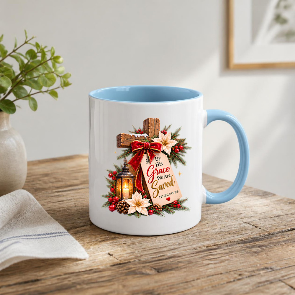 Christmas Mug "By His Grace We Are Saved Ephesians 2:8" By His Grace We Are Saved 325ml Ceramic Coffee Mug – Festive Christian Typography Mug With Wooden Cross Bow Lantern Holiday Gift | Available in Multicolours | Fast Dispatch by UK Seller (M3321)