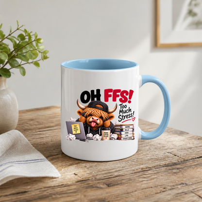 Highland Cow Workplace Stress Mug "OH FFS! Too Much Stress!" Oh Ffs! Too Much Stress! 325ml Ceramic Coffee Mug – Cute Highland Cow at Laptop Desk with Paper Stack, Sticky Notes & Coffee Cup | Funny Office & Work Gift | Fast Dispatch by UK Seller (M3381)