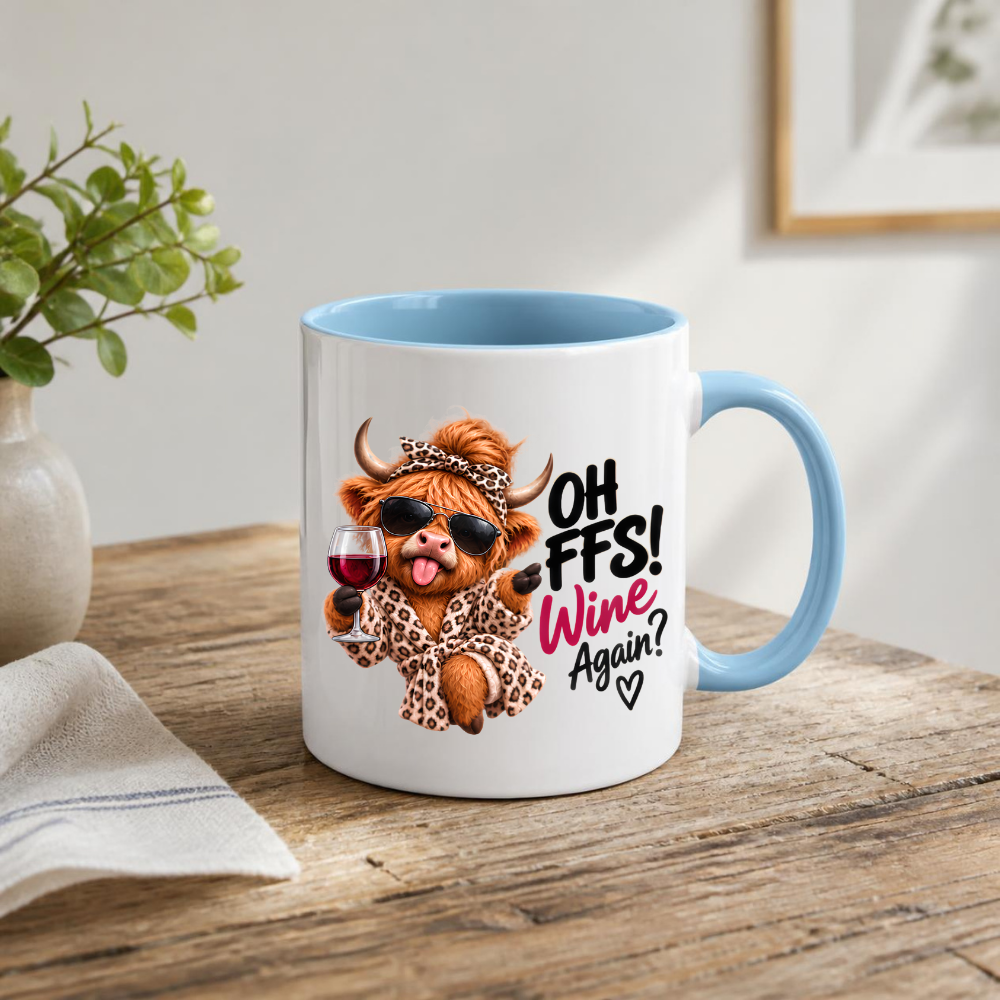 Highland Cow Wine Lover Mug "Oh FFS! Wine Again?" Oh FFS! Wine Again? 325ml Ceramic Coffee Mug – Cute Highland Cow in Leopard Bathrobe, Bow & Sunglasses holding Red Wine Glass | Funny Gift | Fast Dispatch by UK Seller (M3389)