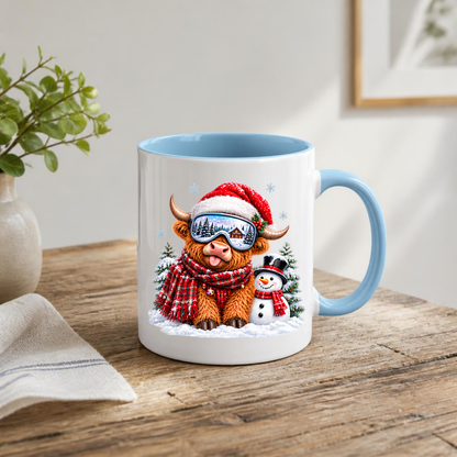 Christmas Mug "Winter Snowman Ski Goggles Highland Cow" Winter Snowman Highland Cow 325ml Ceramic Coffee Mug – Cute Christmas Ski Goggles Tea Cup With Santa Hat Snowman Graphic Gift | Available in Multicolours | Fast Dispatch by UK Seller (M3174)