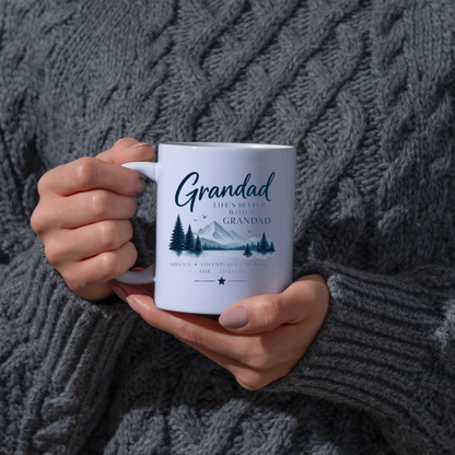 Family Mug "Grandad LIFE'S BETTER With A Grandad" Sentimental Grandpa 325ml Ceramic Coffee Mug – Heartwarming Grandad Tea Cup with Mountain Landscape Pine Trees Graphic Gift | Available in Multicolours | Fast Dispatch by UK Seller (M3022)