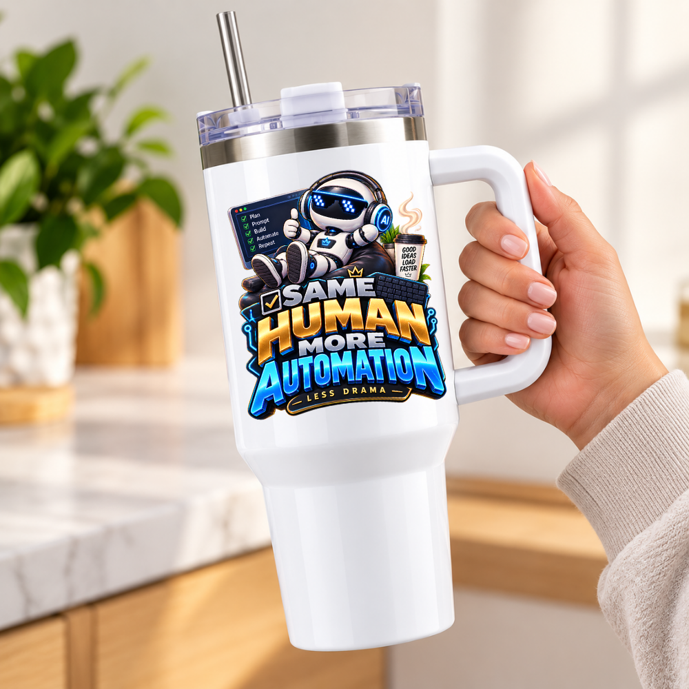 Sarcastic Tech Travel Tumbler "SAME HUMAN MORE AUTOMATION LESS DRAMA" Graphic 40oz Stainless Steel Insulated Travel Mug with Handle & Straw – Robot with Checklist, Coffee & Keyboard Novelty Gift for Coders & Office | Fast Dispatch by UK Seller (T3052)