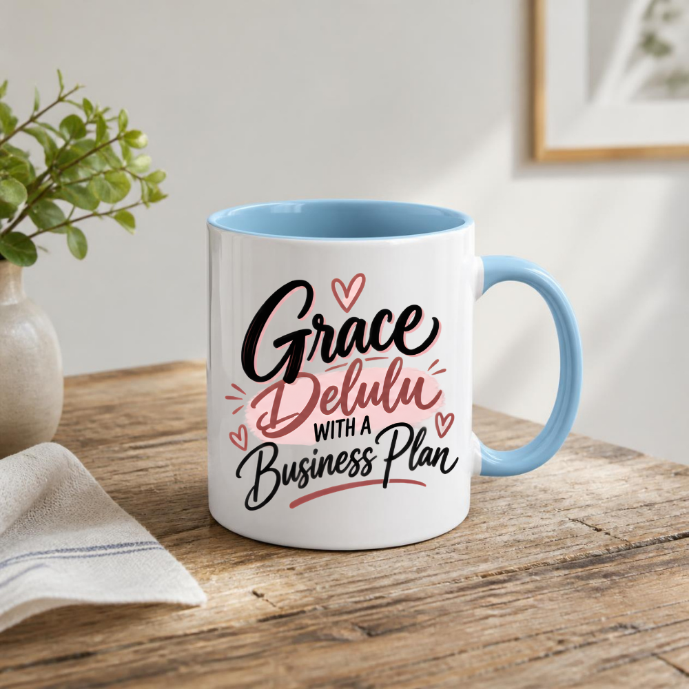 Personalized Name Mug "Grace Delulu With A Business Plan" Grace Delulu With A Business Plan 325ml Ceramic Coffee Mug – Custom Name Typography Slogan with Pink Brushstroke & Hearts | Funny Gift | Fast Dispatch by UK Seller (M3410)