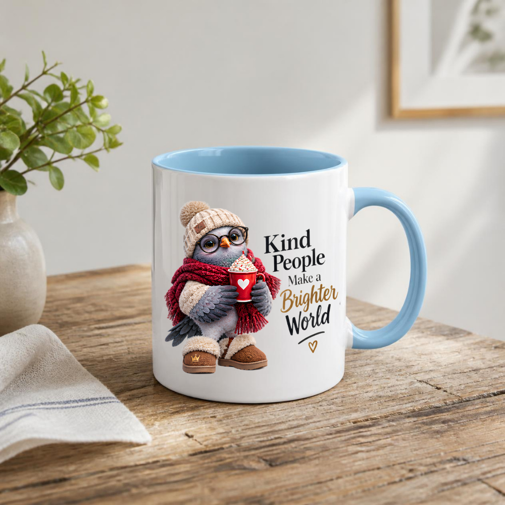 Inspirational Mug "Kind People Make a Brighter World Cozy Bird" 325ml Ceramic Coffee Mug – Cute Cozy Bird In Beanie Glasses Scarf Boots Hot Cocoa Gift For Friends Family | Available in Multicolours | Fast Dispatch by UK Seller (M3238)