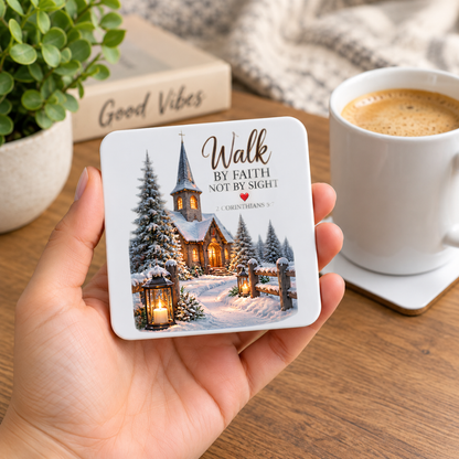 Inspirational Religious Hardboard Coaster "Walk By Faith Not By Sight" Graphic 9cm x 9cm Square Drinks Coaster “Snowy Winter Church Village with Illuminated Lanterns Novelty Mat | Christian Glossy Gift | Fast Dispatch by UK Seller (C3051)