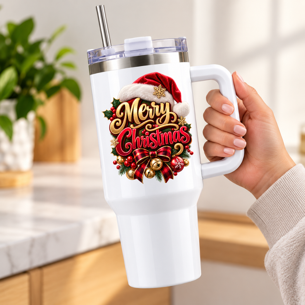 Festive Christmas Travel Tumbler "Merry Christmas" Graphic 40oz Stainless Steel Insulated Travel Mug with Handle & Straw – Santa Hat, Wreath, Red Bow & Jingle Bells Holiday Gift | Fast Dispatch by UK Seller (T3068)