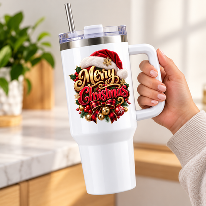 Festive Christmas Travel Tumbler "Merry Christmas" Graphic 40oz Stainless Steel Insulated Travel Mug with Handle & Straw – Santa Hat, Wreath, Red Bow & Jingle Bells Holiday Gift | Fast Dispatch by UK Seller (T3068)
