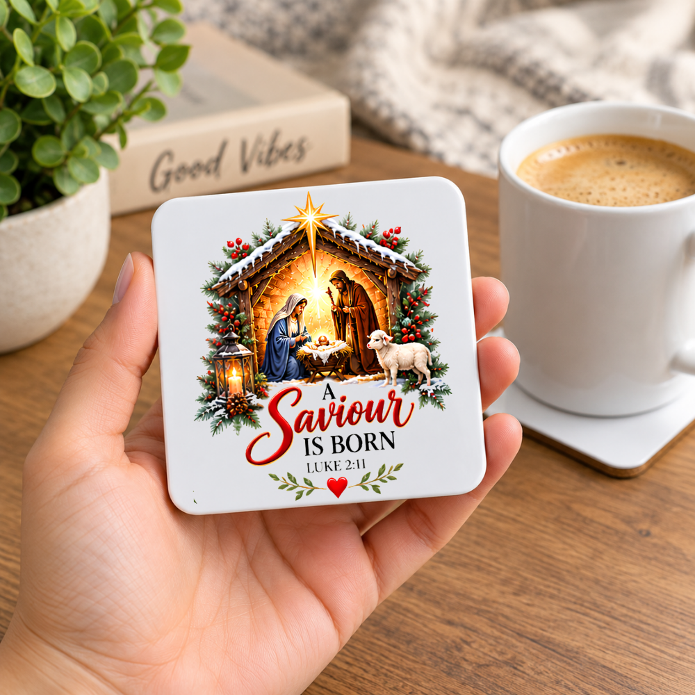Christmas Nativity Hardboard Coaster "A Saviour Is Born" Graphic 9cm x 9cm Square Drinks Coaster Holy Family Manger Scene with Star of Bet