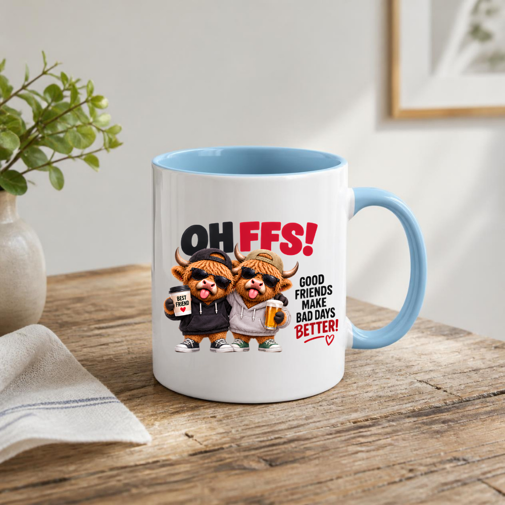 Best Friends Highland Cows Mug "OH FFS! Good Friends Make Bad Days Better!" Oh Ffs! Good Friends Make Bad Days Better! 325ml Ceramic Coffee Mug – Cute Highland Cows in Hoodies & Caps with Cup & Mug | Funny Bestie Gift | Fast Dispatch by UK Seller (M3371)