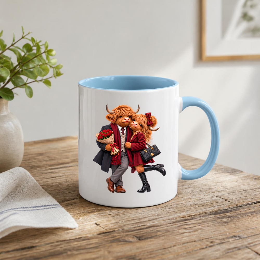 Romantic Mug "Red Roses Highland Cow Couple" 325ml Ceramic Mug – Romantic Highland Cow Couple in Red Coat, Bow & Suit Holding Red Roses Designer Bag Anniversary Valentines Gift For Couples | Available in Multicolours | Fast Dispatch by UK Seller (M3263)