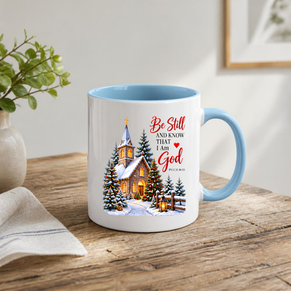 Religious Christmas Mug "Be Still And Know That I Am God" Church Be Still And Know That I Am God 325ml Ceramic Coffee Mug – Church Scripture Mug with Psalm 46:10, Decorated Trees & Lantern | Religious Holiday Gift | Fast Dispatch by UK Seller (M3355)