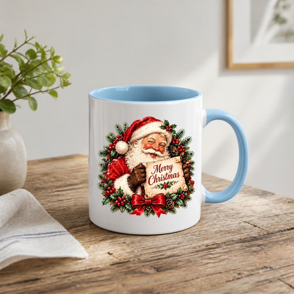 Vintage Santa Scroll Christmas Mug "Merry Christmas" Vintage Santa Claus Holding Merry Christmas Scroll 325ml Ceramic Coffee Mug – Jolly Father Christmas with Festive Wreath, Red Bow & Pine Branches | Holiday Gift | Fast Dispatch by UK Seller (M3440)