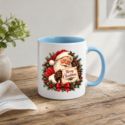 Vintage Santa Scroll Christmas Mug "Merry Christmas" Vintage Santa Claus Holding Merry Christmas Scroll 325ml Ceramic Coffee Mug – Jolly Father Christmas with Festive Wreath, Red Bow & Pine Branches | Holiday Gift | Fast Dispatch by UK Seller (M3440)