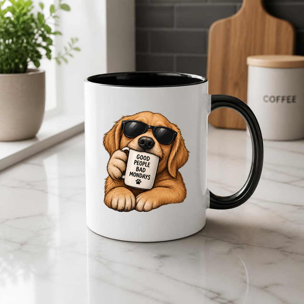 Funny Dog Mug "GOOD PEOPLE BAD MONDAYS" Cool Golden Retriever 325ml Ceramic Coffee Mug Sarcastic Puppy Tea Cup with Sunglasses & Mini Mug Graphic Gift | Available in Multicolours | Fast Dispatch by UK Seller (M3004)