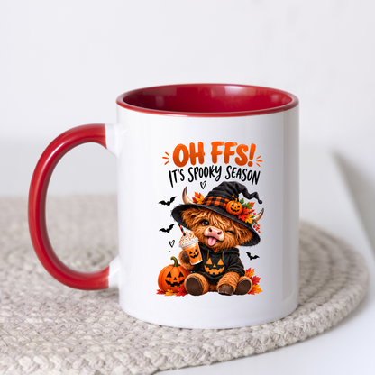 Spooky Season Mug "Oh FFS! It's Spooky Season" Highland Cow Oh Ffs! It's Spooky Season 325ml Ceramic Coffee Mug – Cute Highland Cow in Witch Hat with Pumpkin, Bats & Coffee | Halloween Gift | Fast Dispatch by UK Seller (M3363)