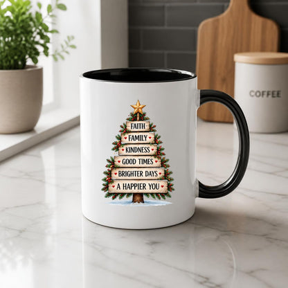Inspirational "Faith Family Kindness Good Times Brighter Days A Happier You" Wooden Sign Christmas Tree 325 ml Ceramic Coffee Mug Festive Winter Holiday Tea Cup with Golden Star & Rustic Plank Design Gift (M1263)