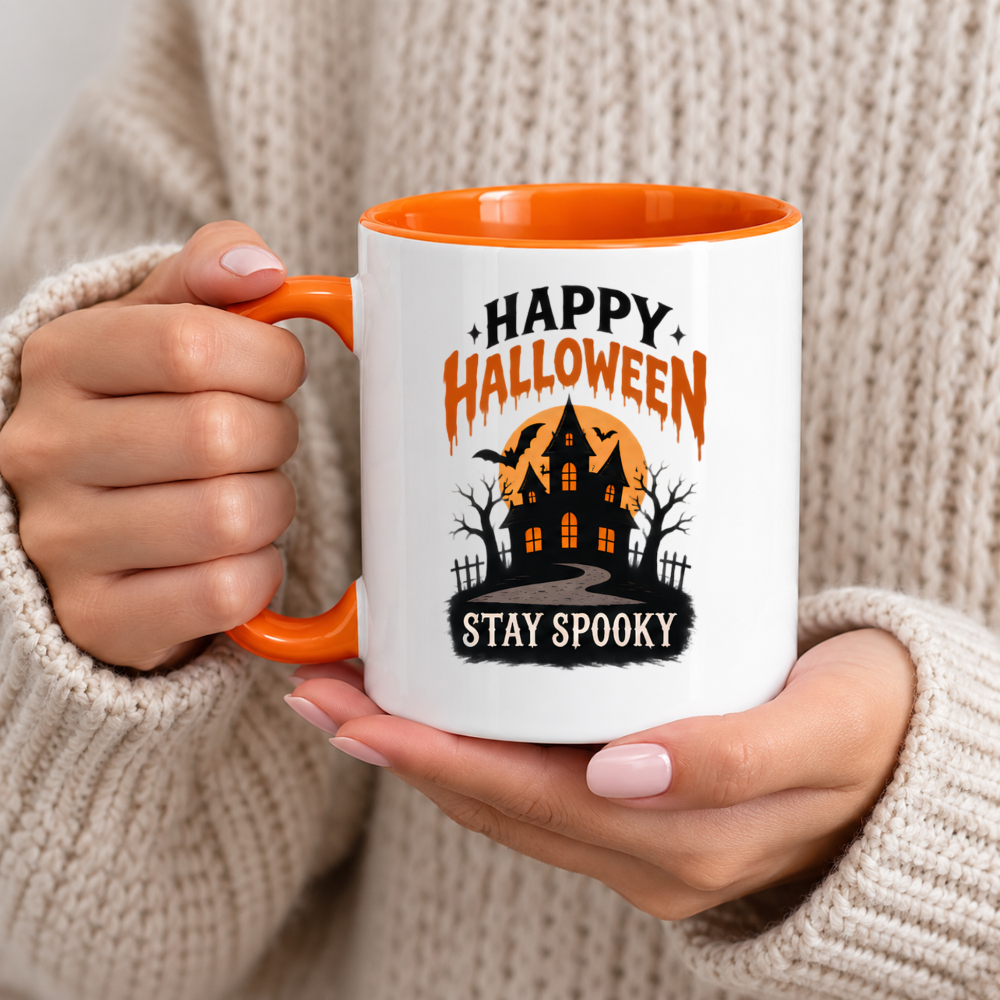 Halloween Mug "Happy Halloween Stay Spooky Haunted House" Happy Halloween Stay Spooky Haunted House 325ml Ceramic Coffee Mug– Funny Halloween Autumn Tea Cup With Haunted Castle Full Moon Bats Typography Graphic Gift | Fast Dispatch by UK Seller (M3209)