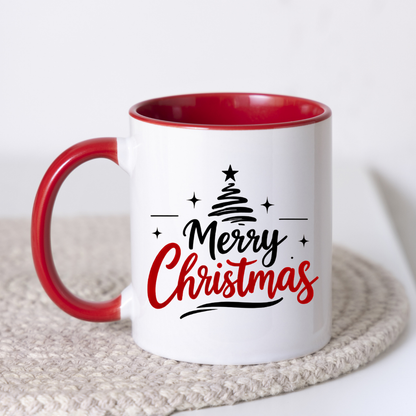 Minimalist Christmas Tree Mug "Merry Christmas" Merry Christmas 325ml Ceramic Coffee Mug – Minimalist Typography Slogan with Black Abstract Christmas Tree, Star Topper & Sparkling Stars | Holiday Gift | Fast Dispatch by UK Seller (M3432)