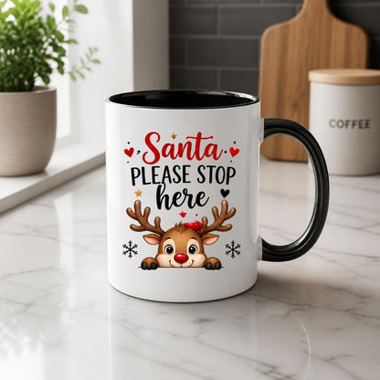 Festive Mug "Santa Please Stop Here" Reindeer Peeking 325ml Ceramic Coffee Mug Cute Winter Holiday Tea Cup with Red Nose, Snowflakes & Hearts Gift | Available in Multicolours | Fast Dispatch by UK Seller (M1274)