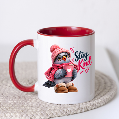 Inspirational Mug "Stay Kind Cozy Bird" Stay Kind 325ml Ceramic Coffee Mug – Cute Cozy Pink Bird in Beanie, Glasses, Scarf & Boots with Hot Cocoa Heartwarming Gift For Friends Family | Available in Multicolours | Fast Dispatch by UK Seller (M3244)