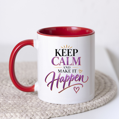 Motivational Mug "Keep Calm And Make It Happen" 325ml Ceramic Coffee Tea Cup – Purple & Gold Typography, Sunburst & Heart Slogan Novelty Gift for Friends, Colleagues, Birthday – Fast Dispatch by UK Seller (M3494)