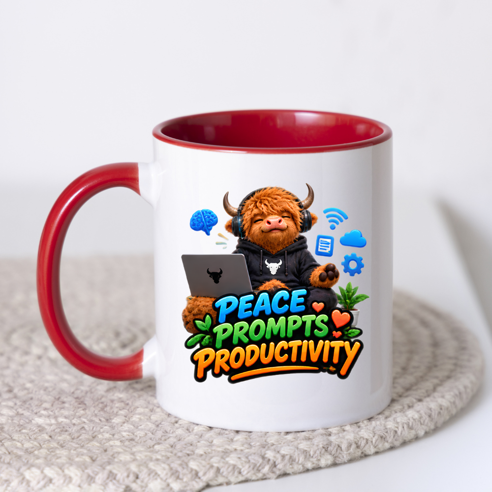 Tech Mug "Peace Prompts Productivity Highland Cow" 325ml Ceramic Coffee Mug – Cute Highland Cow in Hoodie with Laptop Headphones AI Tech Icons Gift For Developers Prompt Engineers | Available in Multicolours | Fast Dispatch by UK Seller (M3232)