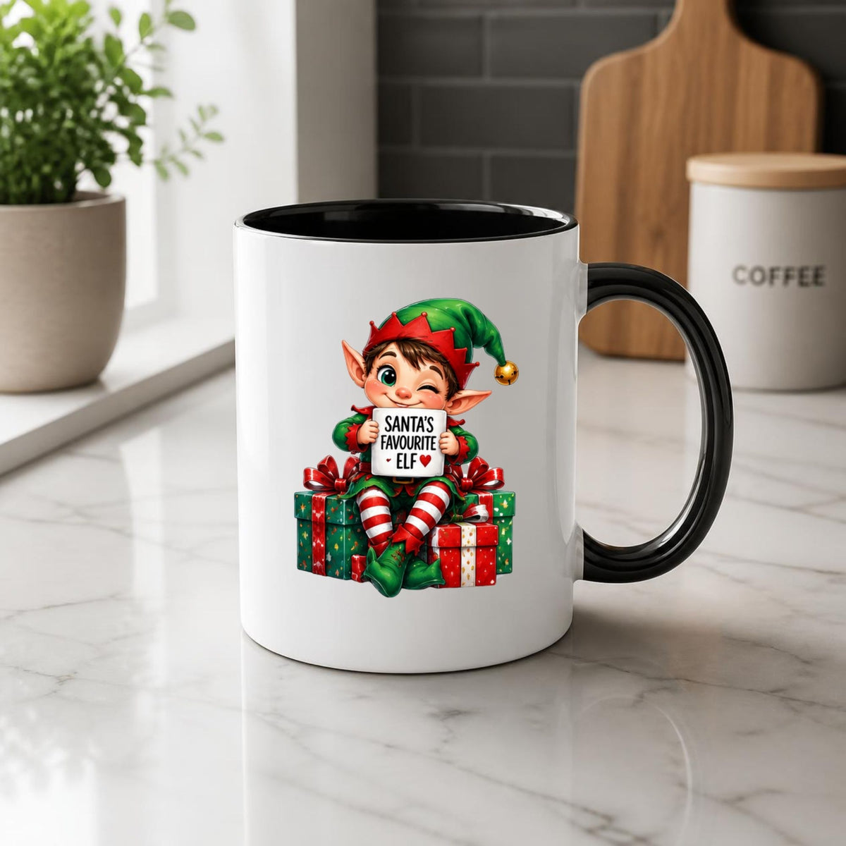 Festive Mug "Santa's Favourite Elf" Christmas Holiday Character 325ml Ceramic Coffee Mug – Cute Holiday Tea Cup with Elf Hat & Gift Box Sign | Available in Multicolours | Fast Dispatch by UK Seller (M1242)
