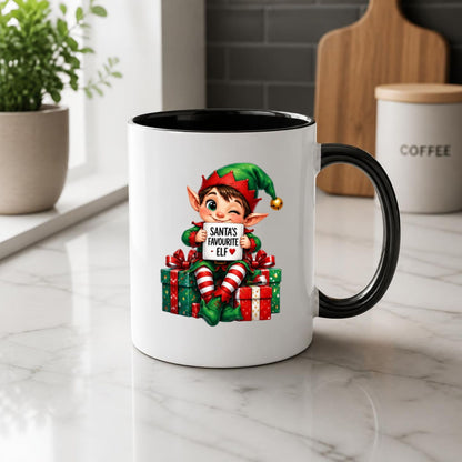 Festive Mug "Santa's Favourite Elf" Christmas Holiday Character 325ml Ceramic Coffee Mug – Cute Holiday Tea Cup with Elf Hat & Gift Box Sign | Available in Multicolours | Fast Dispatch by UK Seller (M1242)